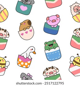 Cute animals in the pocket. Seamless pattern. Cartoon funny characters. Hand drawn style. Vector drawing. Design ornaments.