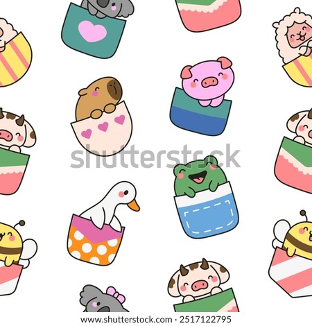 Cute animals in the pocket. Seamless pattern. Cartoon funny characters. Hand drawn style. Vector drawing. Design ornaments.