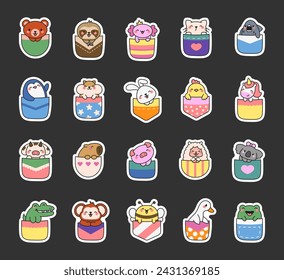 Cute animals in the pocket. Sticker Bookmark. Cartoon funny characters. Hand drawn style. Vector drawing. Collection of design elements.