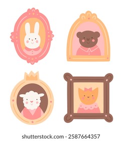 Cute animals portrait in the vintage frames. Cartoon rabbit, bear, sheep and cat. Children illustration in flat style. Collection of scrapbooking elements for nursery or kids room poster.