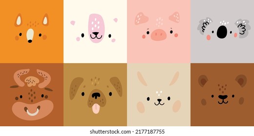 Cute animals portraits. Cartoon mammals faces. Wild or domestic creatures. Zoo avatars. Fox and pig heads. Funny fauna. Polar or brown bears. Bull and rabbit muzzles - Shutterstock ID 2177187755
