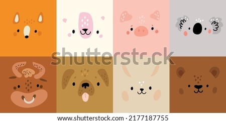 Cute animals portraits. Cartoon mammals faces. Wild or domestic creatures. Zoo avatars. Fox and pig heads. Funny fauna. Polar or brown bears. Bull and rabbit muzzles