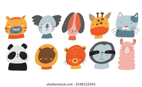 Retratos de animales lindos. Conjunto de cabezas de mamíferos divertidos. Zoológico de la colección animal de safari de fauna tropical. Haga para los Elementos de diseño y marca. Ilustración vectorial plana aislada en blanco 