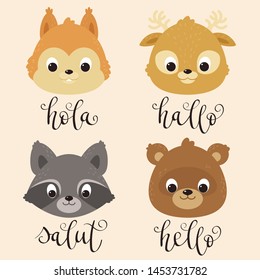 Cute animals portraits: a squirrel, deer, raccoon, bear. Cute characters design. 