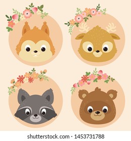 Cute animals portraits: a squirrel, deer, raccoon, bear. Cute characters design. 