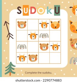 Cute Animals Puzzle game for children. Animals Sudoku. Vector illustration. Jungle Sudoku for kids activity book. Book square format.