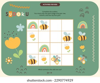 Cute Animals Puzzle game for children. Animals Sudoku. Vector illustration. Summer Sudoku for kids activity book.