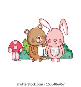 cute animals, rabbit bear bush mushroom nature cartoon vector illustration