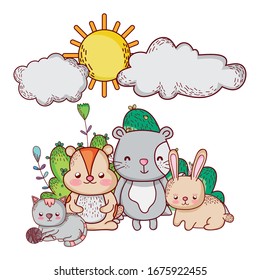 cute animals, rabbit beaver cat and rabbit bush sun clouds cartoon vector illustration