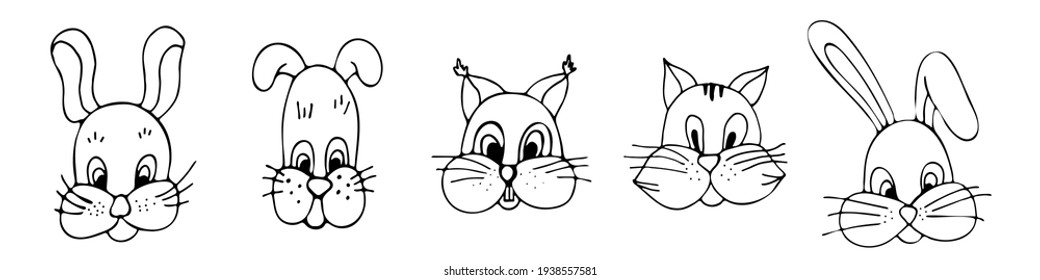 
Cute animals rabbit cat dog squirrel set, collection of hand-drawn linear icons, vector on a white background.