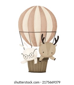 lindos animales conejo y ciervo vuelan en un globo de aire caliente a rayas. El conejo de dibujos animados con gafas y un ciervo con cuernos vuelan en el transporte. Diseño e impresión, decoración infantil, postales_01