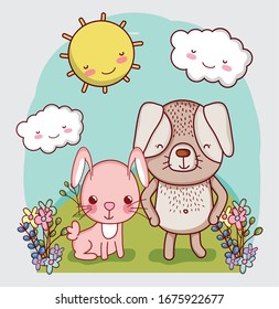 cute animals, rabbit and dog grass flowers sun cartoon vector illustration