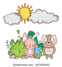 cute animals, rabbit dog and parrot bushes sun cartoon vector illustration