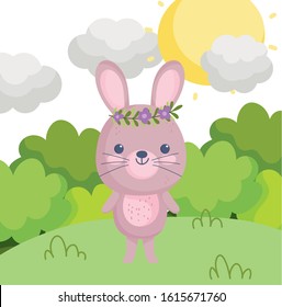 cute animals rabbit with flowers in head grass bushes sunny day cartoon vector illustration