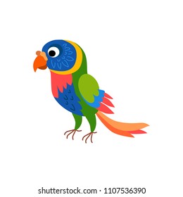 Cute animals - rainbow lorikeet parrot. Illustrations for children. Baby Shower card. Cartoon character bird parakeet isolated on white background. Tropical animal wildlife