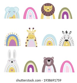 cute animals and rainbows on a white background in the Scandinavian style for children's posters, stickers and interiors
