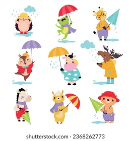 Cute Animals in Rainy Day Walking with Umbrella Vector Set