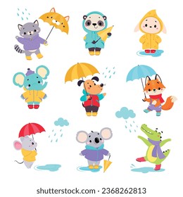 Cute Animals in Rainy Day Walking with Umbrella Vector Set