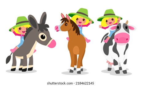 Cute animals in ranch, Farm and agriculture. illustrations of village life and objects Design for banner, layout, annual report, web, flyer, brochure, ad. Cartoon vector illustration