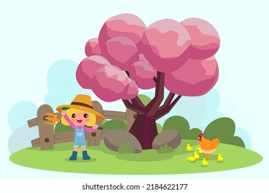 Cute animals in ranch, Farm and agriculture. illustrations of village life and objects Design for banner, layout, annual report, web, flyer, brochure, ad. Cartoon vector illustration