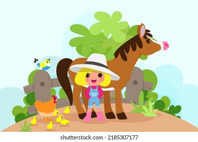 Cute animals in ranch, Farm and agriculture. illustrations of village life and objects Design for banner, layout, annual report, web, flyer, brochure, ad. Cartoon vector illustration