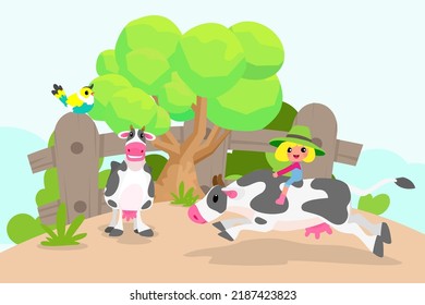 Cute animals in ranch, Farm and agriculture. illustrations of village life and objects Design for banner, layout, annual report, web, flyer, brochure, ad. Cartoon vector illustration