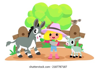 Cute animals in ranch, Farm and agriculture. illustrations of village life and objects Design for banner, layout, annual report, web, flyer, brochure, ad. Cartoon vector illustration
