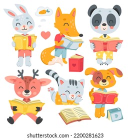 Cute animals read books set vector illustration. Cartoon isolated funny smart little characters love to study, forest animals reading fantasy and storybook, fairy tale literature from library