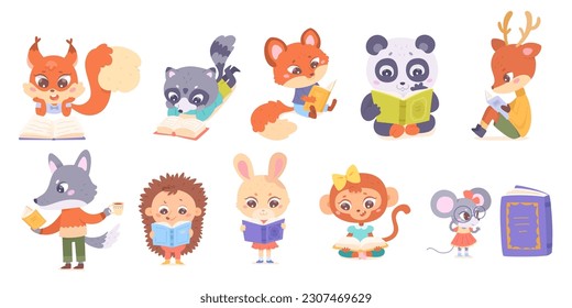 Cute animals read books set vector illustration. Cartoon funny characters holding open books and coffee cup, smart deer raccoon hedgehog fox squirrel panda wolf monkey rabbit mouse reading literature