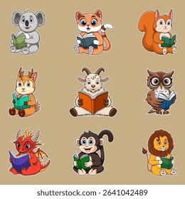 Cute animals read books set vector illustration
