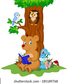 Cute animals reading book