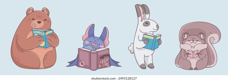 Cute animals reading book. Cartoon vector illustration set of funny childish forest creatures with paper literature with hard cover. Happy smiling bear and rabbit, squirrel and bat hold open textbook.