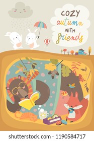 Cute animals reading book in den. Hello autumn