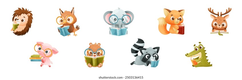 Cute Animals Reading Book Enjoying Interesting Story Vector Set