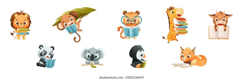 Cute Animals Reading Book Enjoying Interesting Story Vector Set