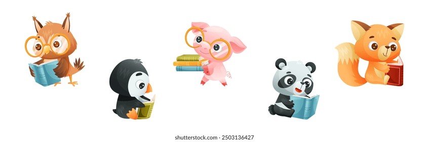 Cute Animals Reading Book Enjoying Interesting Story Vector Set