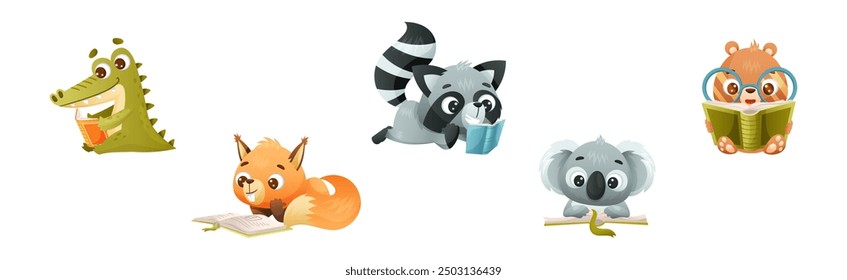 Cute Animals Reading Book Enjoying Interesting Story Vector Set