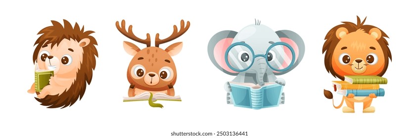 Cute Animals Reading Book Enjoying Interesting Story Vector Set