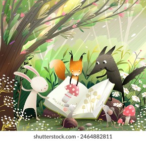 Cute animals reading book in forest. Rabbit mouse wolf and squirrel study a book about mushrooms in forest landscape. Kids illustration for story or fairytale. Hand drawn vector cartoon for children.