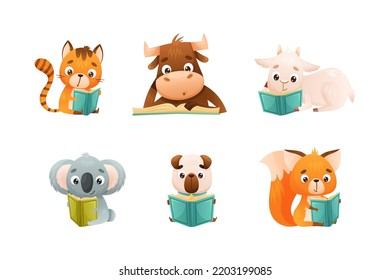 Cute Animals Reading Book in Hard Cover Enjoying Interesting Story Vector Set