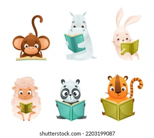 Cute Animals Reading Book in Hard Cover Enjoying Interesting Story Vector Set