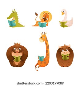 Cute Animals Reading Book in Hard Cover Enjoying Interesting Story Vector Set