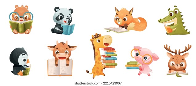 Cute Animals Reading Book in Hard Cover Enjoying Interesting Story Vector Set