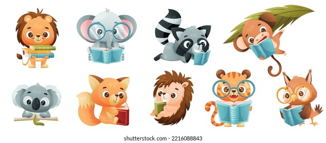 Cute Animals Reading Book in Hard Cover Enjoying Interesting Story Vector Set