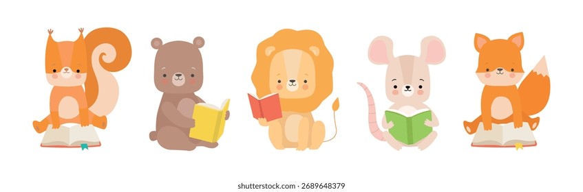 Cute Animals Reading Book in Hard Cover Enjoying Interesting Story Vector Set