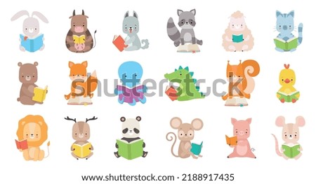 Cute Animals Reading Book in Hard Cover Enjoying Interesting Story Big Vector Set