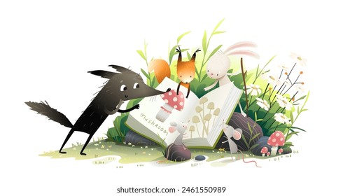 Cute animals reading book in nature. Rabbit mouse wolf and squirrel study a book about mushrooms in forest landscape. Kids illustration for story or fairytale. Hand drawn vector cartoon for children.