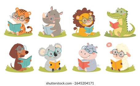 Cute Animals reading book set. Funny animals with glasses reading books. Cute tiger, lion, crocodile, koala, dog, lamb, rhino, hippo.