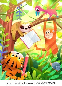 Cute animals reading book or study in jungle forest on the tree. Tiger, sloth and bird learning in rainforest. Colorful education illustration for children . Vector cartoon for kids with cute animals.