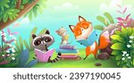 Cute animals reading book or studying in the forest landscape. Kids library illustration for education and study, funny animals reading books cartoon, Vector fairytale jungle in watercolor style.